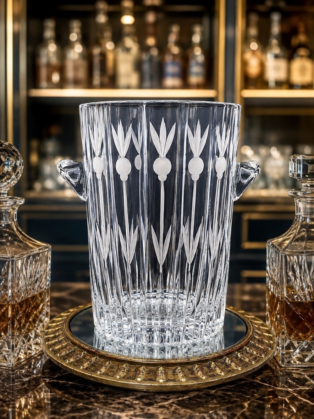 Block of POLAND Solid Lead Crystal With Tulip Etching ICE BUCKET/ VASE